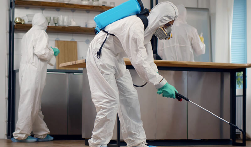 Forensic cleaners in biohazard suits cleaning crime scene