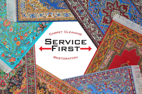 Persian rugs in assorted styles surrounding logo for Service First Cleaning & Restoration