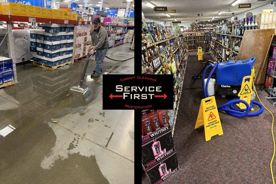 Adjacent photos showing cleanup of flooded warehouse and carpeted store